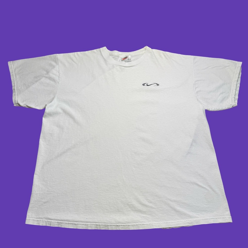 Vintage Nike T Shirt XL White Gray Swoosh Logo 90s USA Made Cotton Embroidered